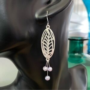 2/$29 Handmade Lilac Freshwater Pearl Stamped Mixed Metal Statement Earrings 3”